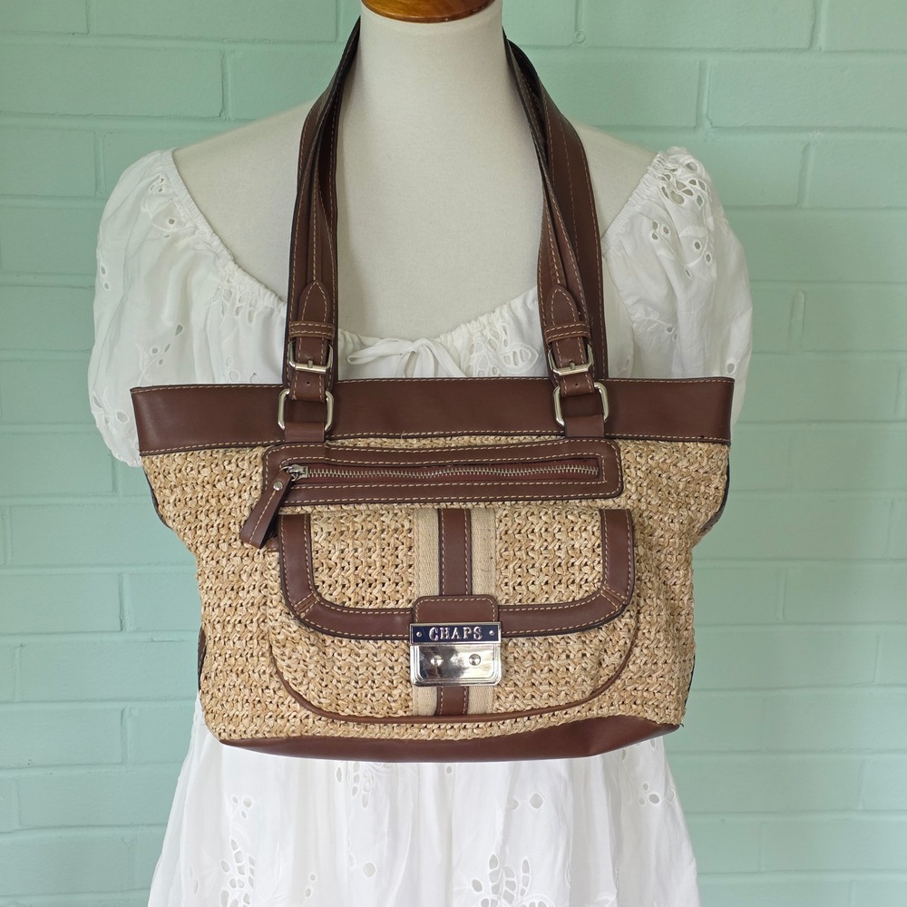 Vtg Chaps Woven Straw Brown Faux Leather Trim Shoulder Bag Tote wicker bucket